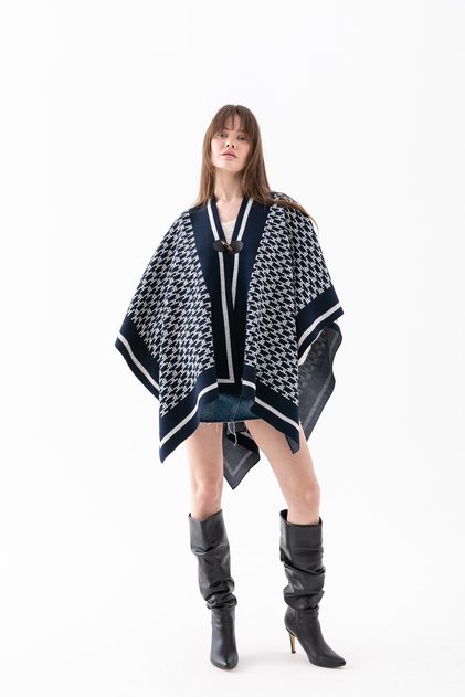 Monogram Patterned Knitwear Poncho for Women - Classic Pattern - Knitted Poncho - Soft Textured Poncho