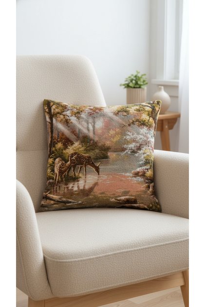 Geyikli Doğa Manzaralı Dokuma Çift Taraflı Kırlent Kılıfı 45x45 cm