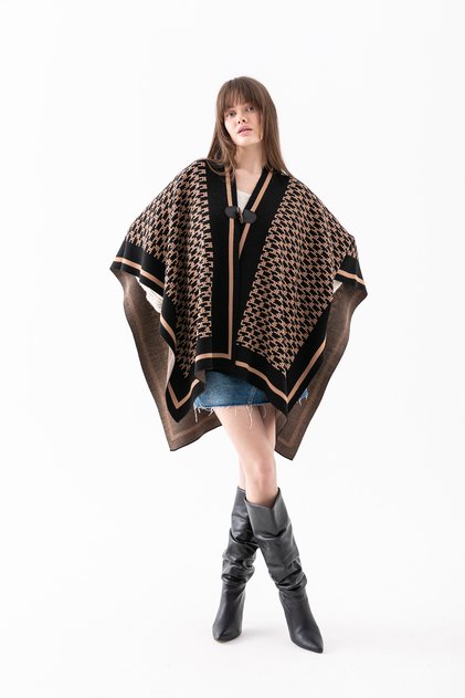 Monogram Patterned Knitwear Poncho for Women - Classic Pattern - Knitted Poncho - Soft Textured Poncho