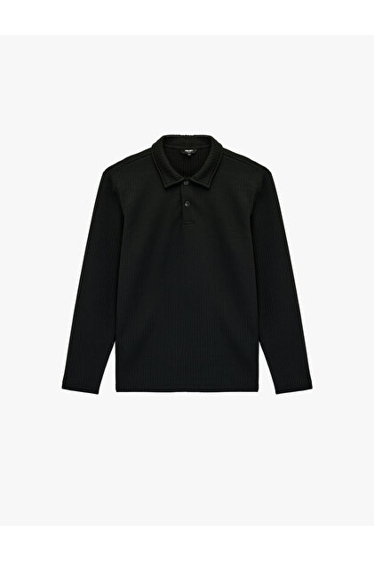 Regular Fit Long Sleeve Quilted Textured Buttoned Polo Collar Sweatshirt