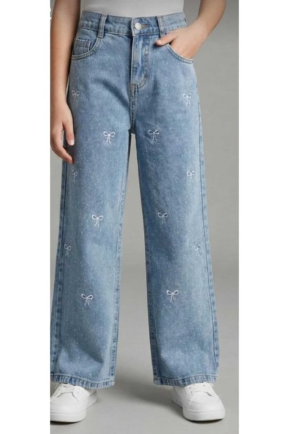 Girls' Denim Wide-Leg Pants with Stone Details and Bow