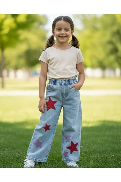 Jeans Girls' Jeans Without Lycra Patterned Elastic Waist 100% Cotton Wide Leg Denim Trousers