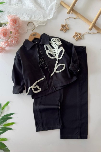 My Little One's 3-Piece Set with Rose Patterned Jacket - Black