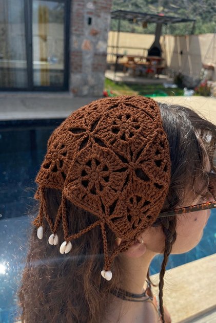 Brown, Sea-Shell Hand-Knitted Bandana