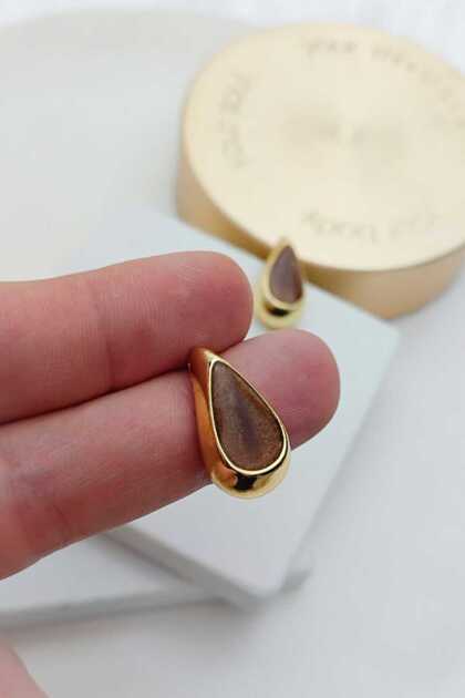 Damla Gold Brown Enamel Women's Earrings