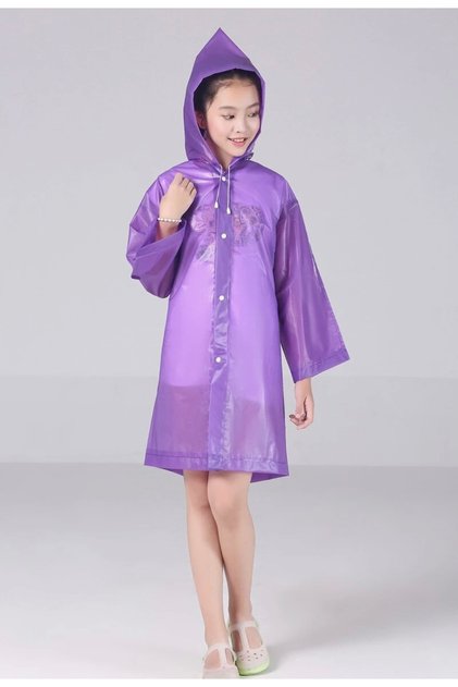 Unisex Children's Purple Water-Resistant Raincoat with Snap Fasteners and Hood