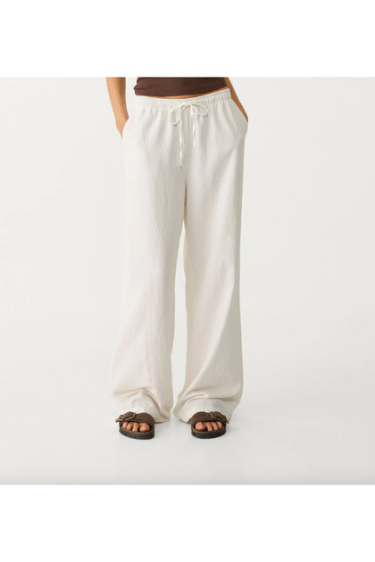 Women's Linen Blended Muslin Fabric Loose Fit Flared Trousers
