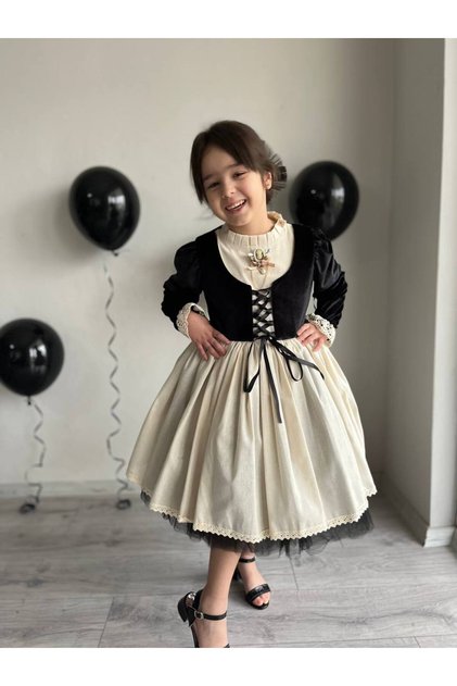 Black Girl's Velvet Linen Fluffy Ethnic Laced Vest Detailed Dress