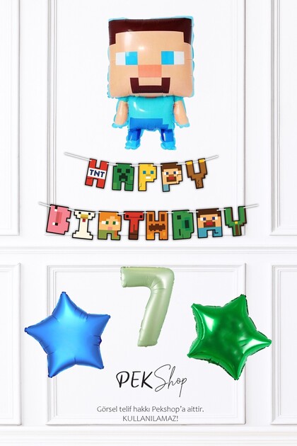 Minecraft Tema Doğum Günü Steve Balonlu Yıldızlı Doğum Günü Balon Seti