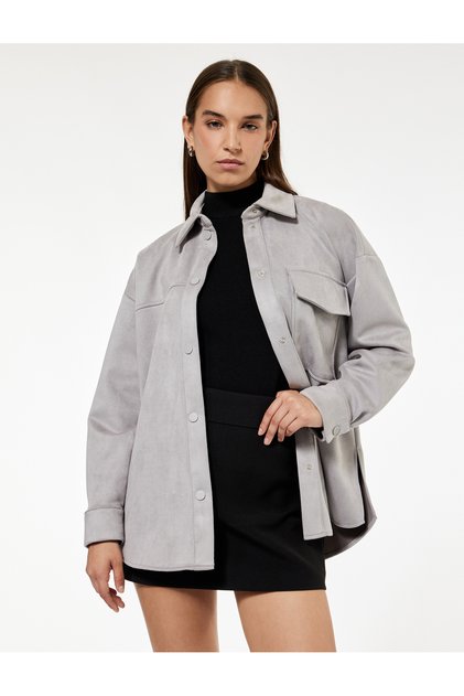 Long Sleeve Classic Collar Snap Button Pocketed Oversized Suede Look Jacket