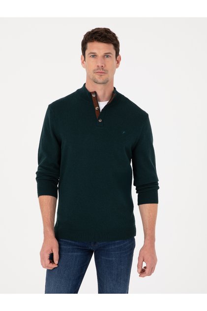 Koyu Yeşil Regular Fit Yün Karışımlı Düğmeli Yaka Triko Kazak 50311895-VR079