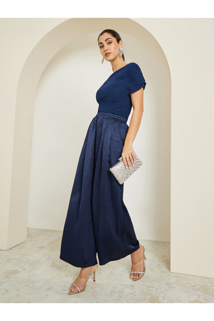 Women Blue Shimmer Wide Leg Trousers