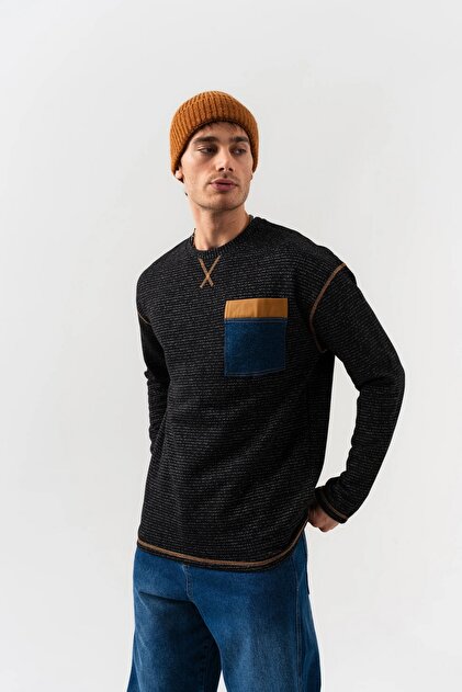 Tan Denim Sweatshirt with Pocket Detail