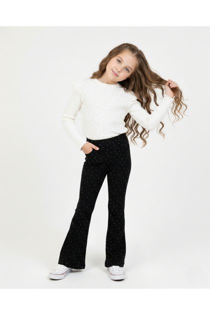 Girl's Corded Fabric Stoned Transitional Stylish 2-Piece Set L 4-12 Years Old Stoned Flared L Tights and Blouse