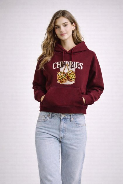 Women's Oversized Hooded Sweatshirt with Cherry Print and Printed Kangaroo Pockets