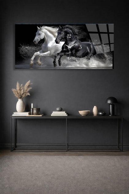 KIRILMAZ CAM DUVAR SAATİ , HEM TABLO HEM SAAT SİYAH BEYAZ AT FIGÜRÜ MODERN TASARIM EV OFİS HEDİYESİ