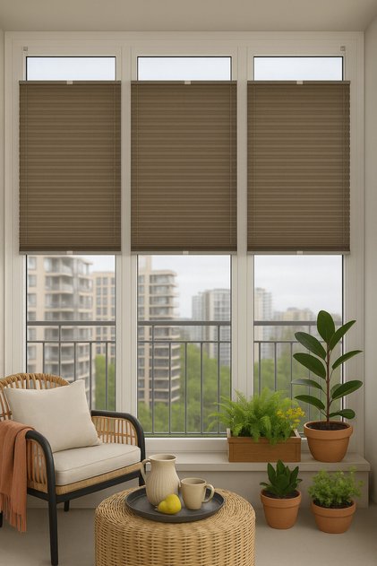 Kahverengi Plise Katlanır Cam Balkon Perdesi - Ofis Perdesi - Mutfak Perdesi - Salon Perdesi