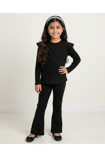 Girl's Corded Fabric Stoned Transitional Stylish 2-Piece Set L 4-12 Years Old Stoned Flared L Tights and Blouse