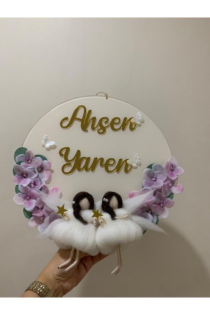 İkiz Keçe Bebek Pleksi Yeni Doğan Bebek Kız Kapı Süsü