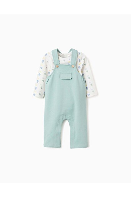 Long sleeve bodysuit + jumpsuit for newborn boys, white/green