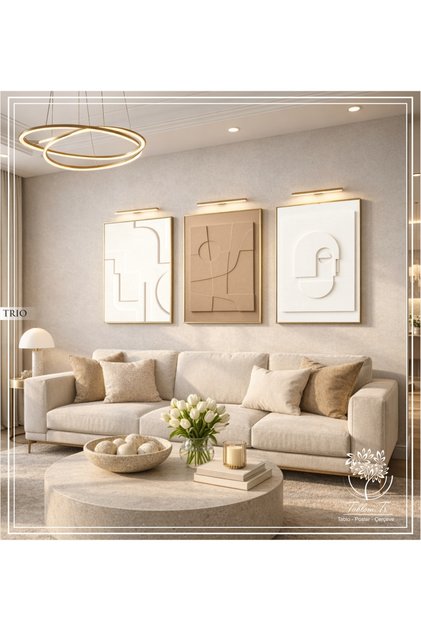 Trio - Dijital Baskılı Gold Metal Çerçeveli Gerçek Camlı 3'lü Dekoratif Tablo