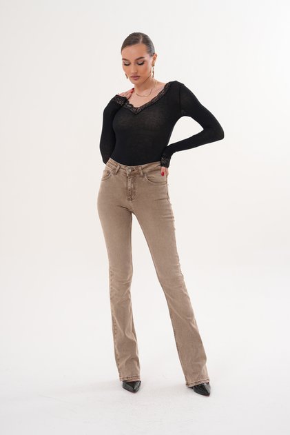 İspanyol Paça Slim Fit Bej Renk Jean Pantolon