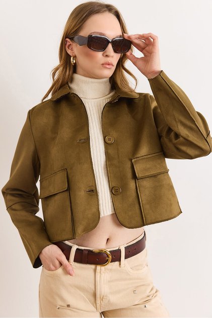 Women's Khaki Pocket Detailed Unlined Suede Jacket Ckt-19000508