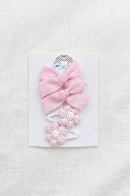 Girl's Handmade Pink Bow & Knitted Daisy Girl's Buckle Set (4 Pieces) 12375