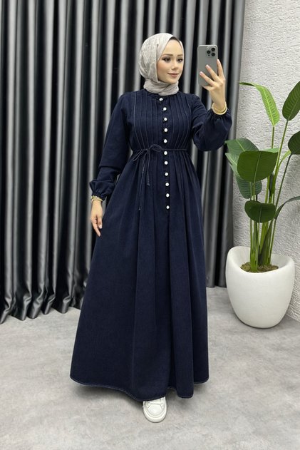 Women's washed denim draped dress pleat detail buttoned laced denim dress