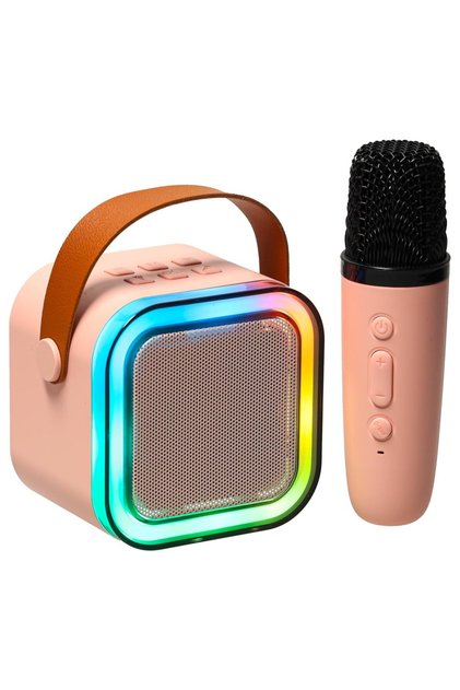 Караоке комплект с високоговорител и 1 микрофон, Bluetooth 5.3, гласови ефекти, LED, 10W, обхват 10 м, розов