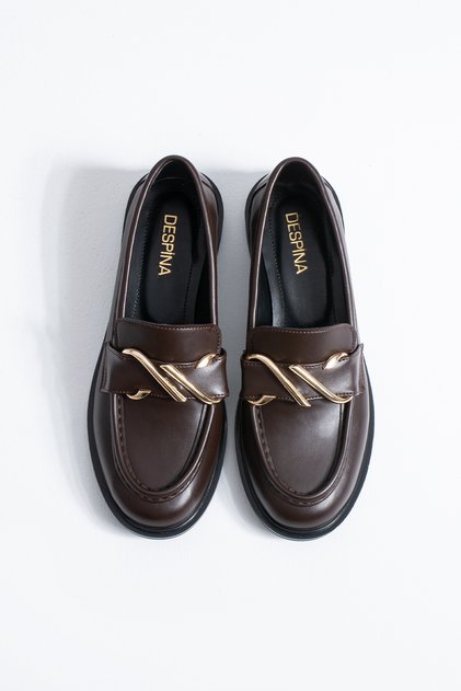 Ti̇ta Women's Black Leather Gold Buckle Detail Loafer Shoes – Classic & Modern Office Elegance