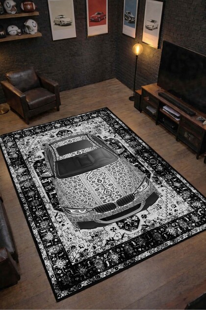Beyaz BMW F30 Motifli Yıkanabilir Spor Yarış Arabası Desenli Oyuncu Gamer Genç Odası Halısı