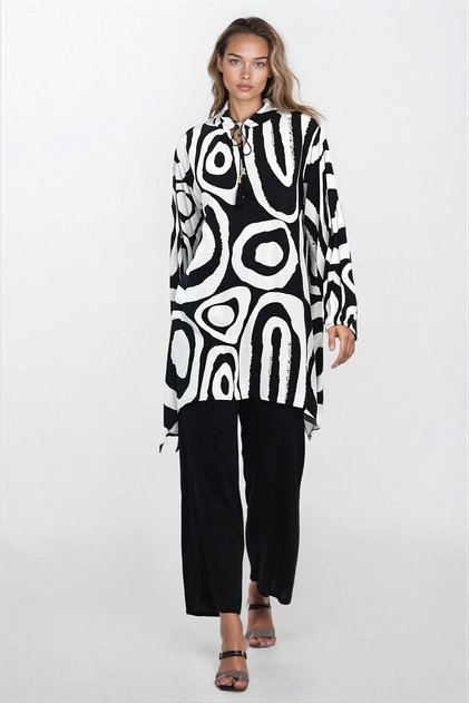 Women's Black-White Judge Collar Blouse and Pants Plus Size Bottom Top Set Vs00349