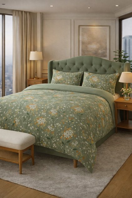 Cotton Double Duvet Cover Set Green Floral Pattern - Bridal - Gift - Daily