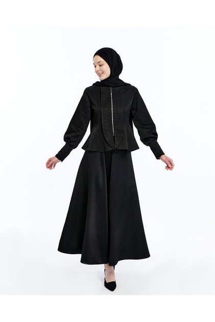 Front and Sleeve Cuffs with Zippers, Balloon Sleeves, Patterned Jacquard Skirt Set