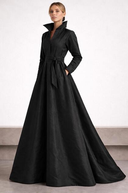 Mobile Belted & Pocket Detailed Maxi Length Taffeta Stylish Shirt Dress Cou-43