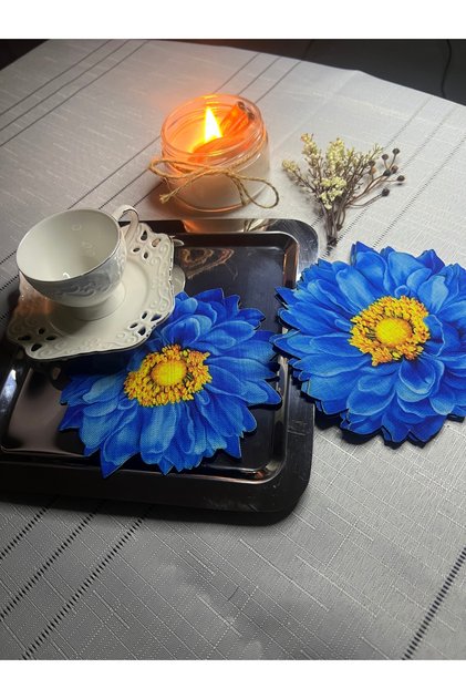 Sapphire Blue Chrysanthemum Flower Pattern 3D Look Digital Printing Designed Cocktail & Presentation Napkin