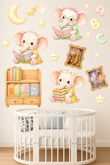 Fairy Tale Themed Cute Elephants Watercolor Reading Time Children's Room Wall Sticker Set