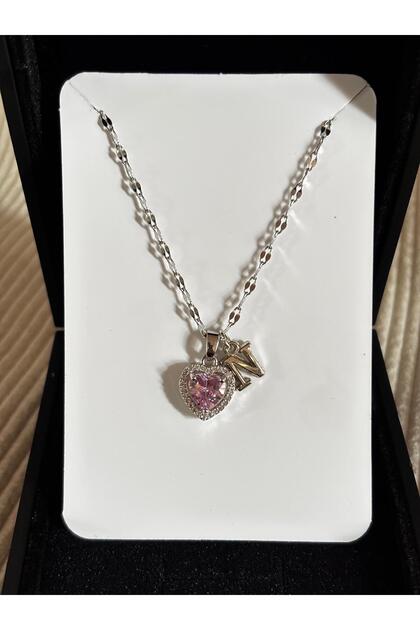 Steel Pink Heart Letter N Women's Necklace