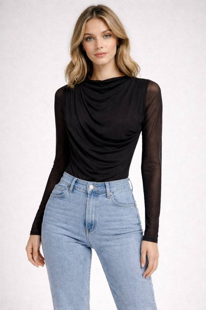 slim fit dar kesim tül uzun kollu çıtçıtlı zıbınlı Body