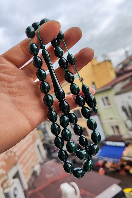 10X13 mm Black Crimped Amber Prayer Beads - Signed by Master Fatih Erbabacan