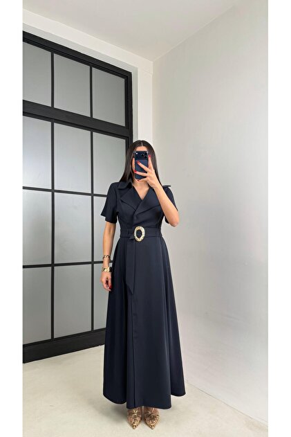 Gaus Navy Blue Gold Buckle Belted Crepe Fabric Long Dress Gaus-00974-  Trendyol