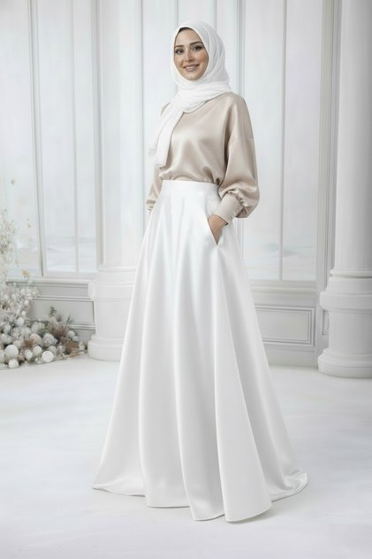 Women's White Pocketed Padded Hijab Skirt