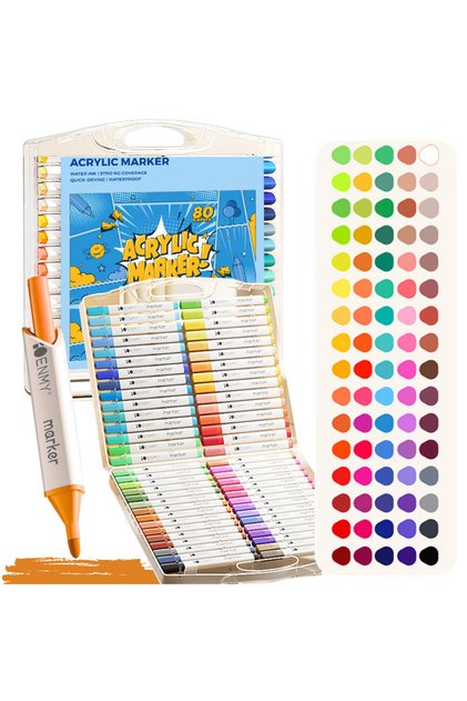 Set de 80 de markere acrilice profesionale, cu cerneală pe bază de apă, Qova®, Markere de desen multicolore