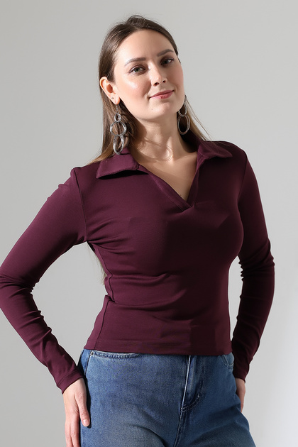 Buttonless Shirt Collar Long Sleeve Basic Women's T-Shirt 21938 Mürdüm