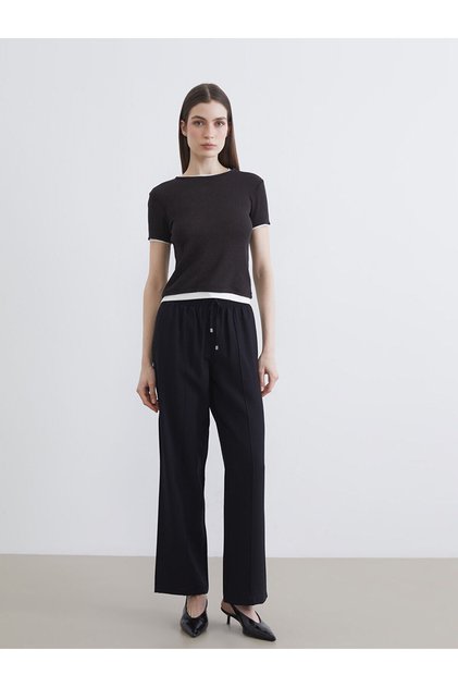Black Elastic Waist Wide Leg Women's Trousers