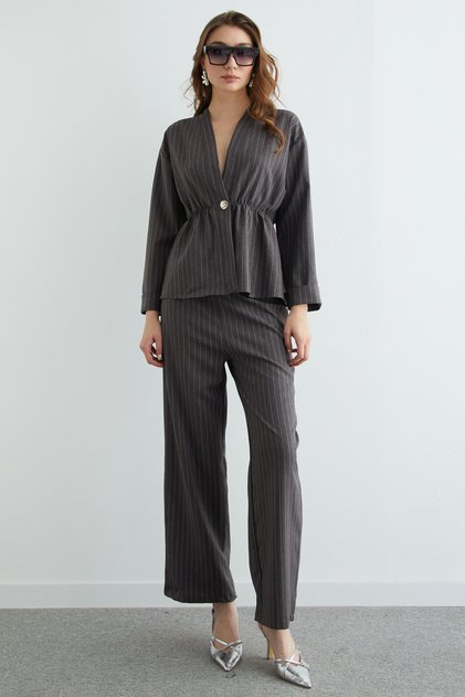Striped Elastic Waist Blazer 2-Piece Set