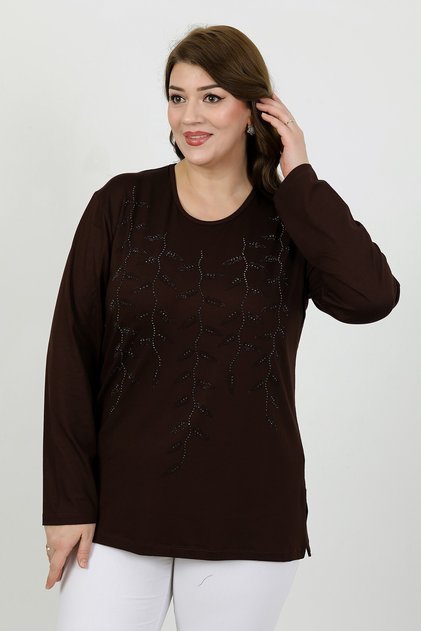 Women's Brown Viscose Floral Stone Embroidered Plus Size Combed Cotton Blouse for Middle Ages and Above