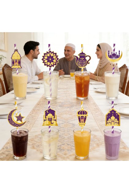 7-piece Ramadan Straws set for Ramadan decoration and Eid, festive gold and purple straws