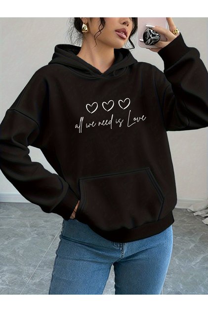 Unisex Love με τύπωμα με κουκούλα Φούτερ άνετης εφαρμογής με τσέπη καγκουρό oversized κοπών